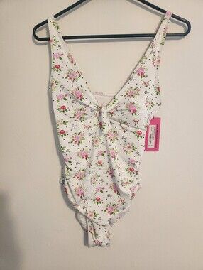 Betsey Johnson 1 Piece Swimsuit  With Sarong Size SM Polka Dot Bouquet Print NWT